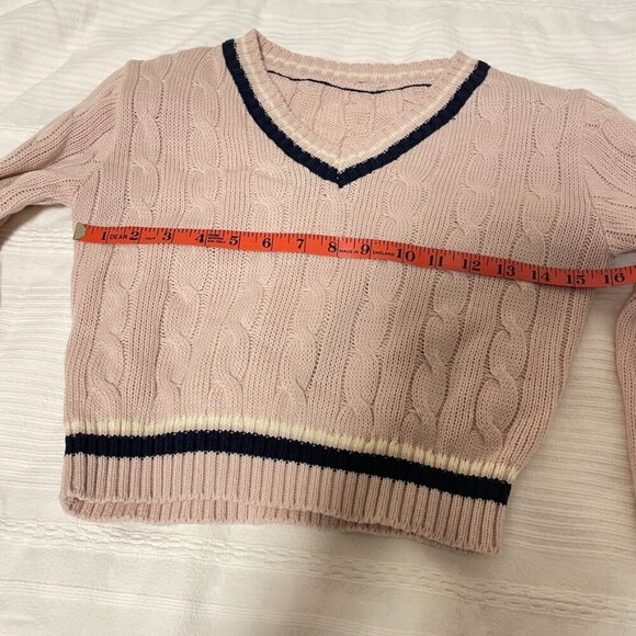 Cropped Cable Knit V-Neck Sweater Pink Navy - XS - Picture 10 of 12
